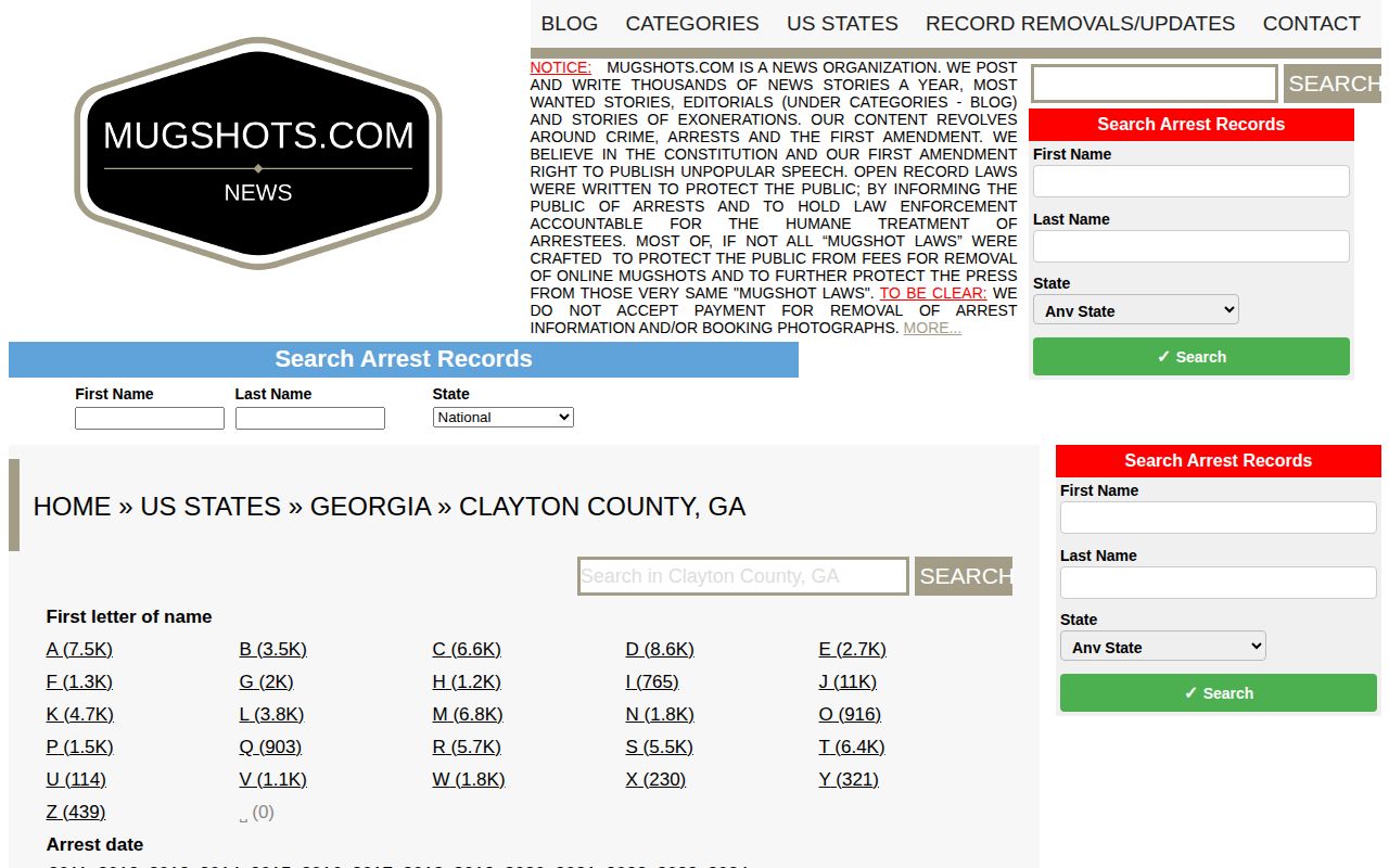 Clayton County historical mugshot aggregation landing page