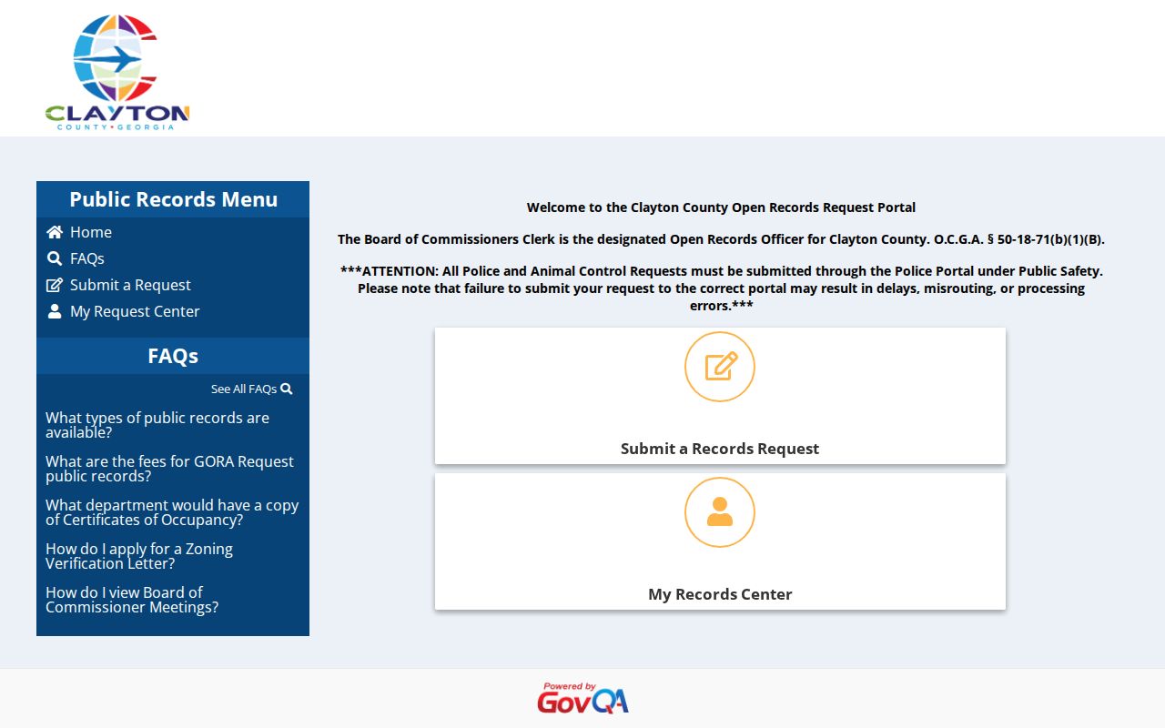 Clayton County Open Records request portal for booking records