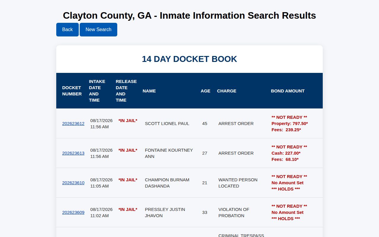 Clayton County 14-day booking docket interface