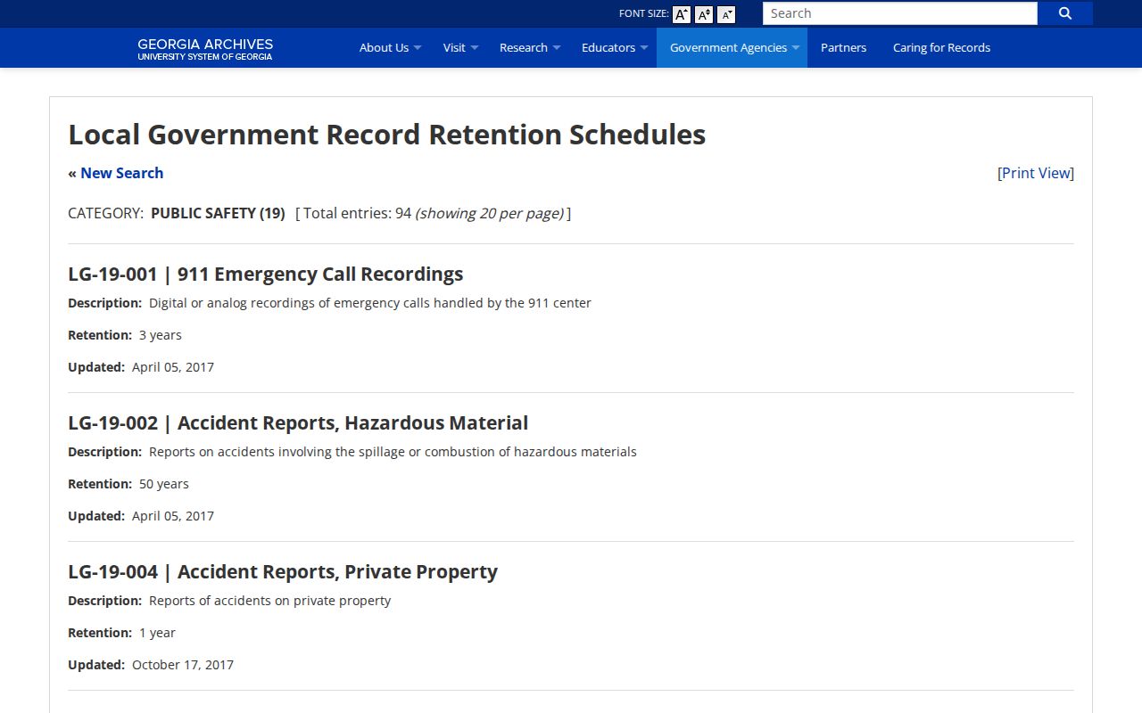 Georgia Archives public-safety records retention schedule relevant to Clayton County research