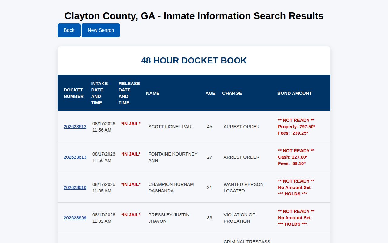 Clayton County 48-hour booking docket interface