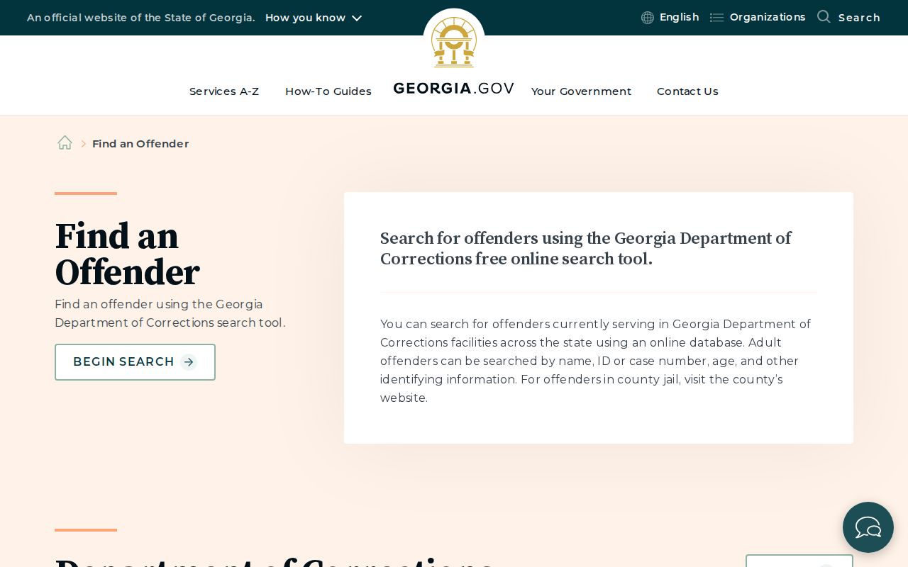 Georgia Department of Corrections official offender search interface for state custody